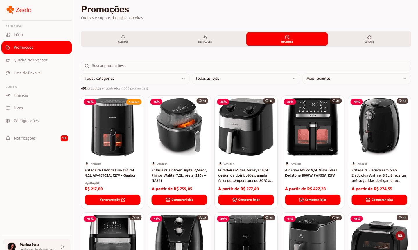Demonstração da lista de enxoval no Zeelo: Promoções 24/7